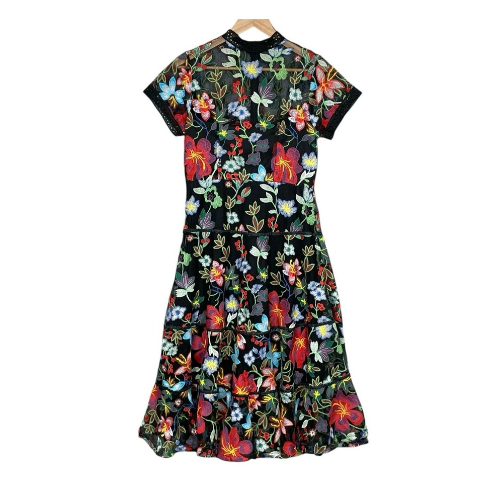 Anthropologie Vone Dark Feminine Sheer Embroidered Dress Sz 12 Tiered Statement